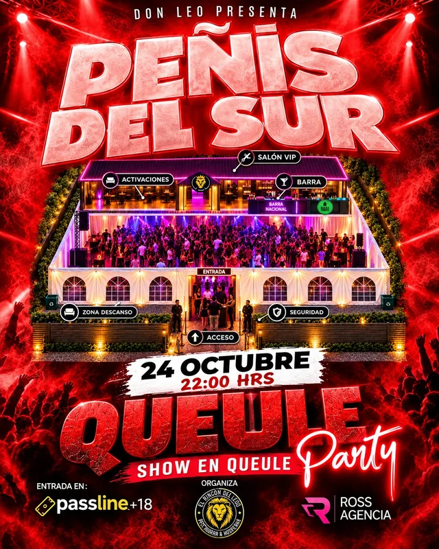 Ilustración promocional del recinto de Queule Party con accesos y espacios